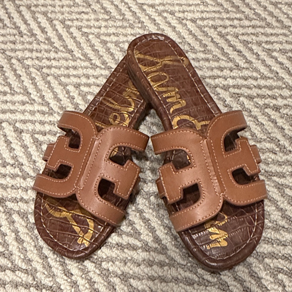 Sam Edelman Camel Leather Slide Sandals with Cutout Straps